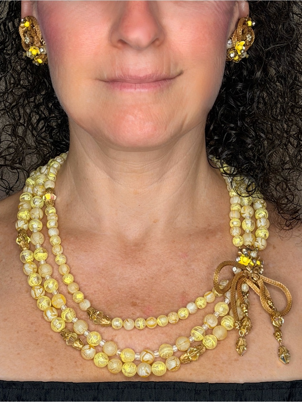 Elegant Yellow Beaded Multi-Strand Necklace and Earring Set